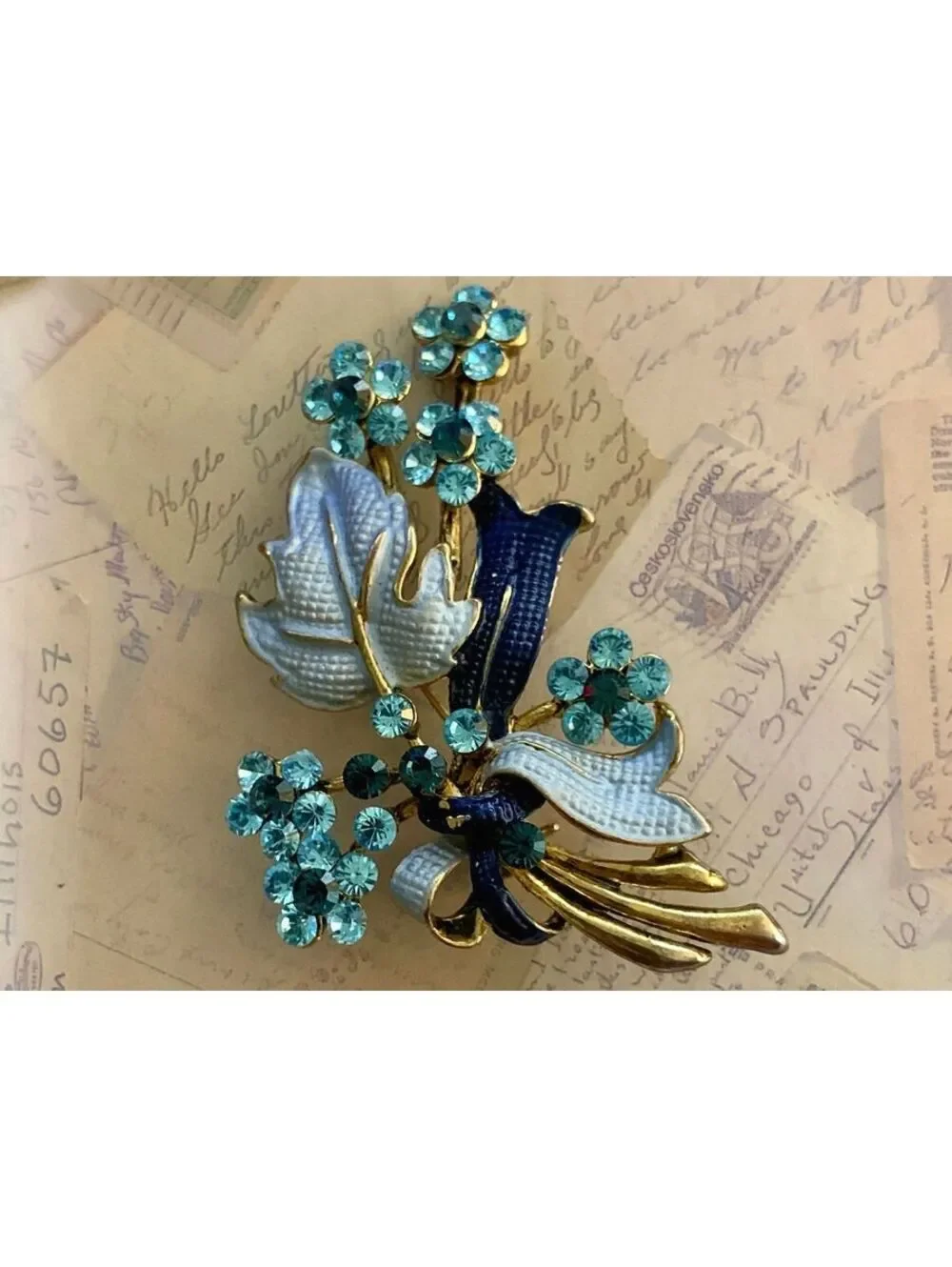 Vintage Blue Enamel Flower Bouquet Rhinestone Bow Brooch